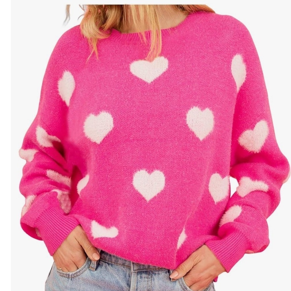Heart Print Knit Sweater Womens Large Hot Pink White Pullover Coquette Valentine